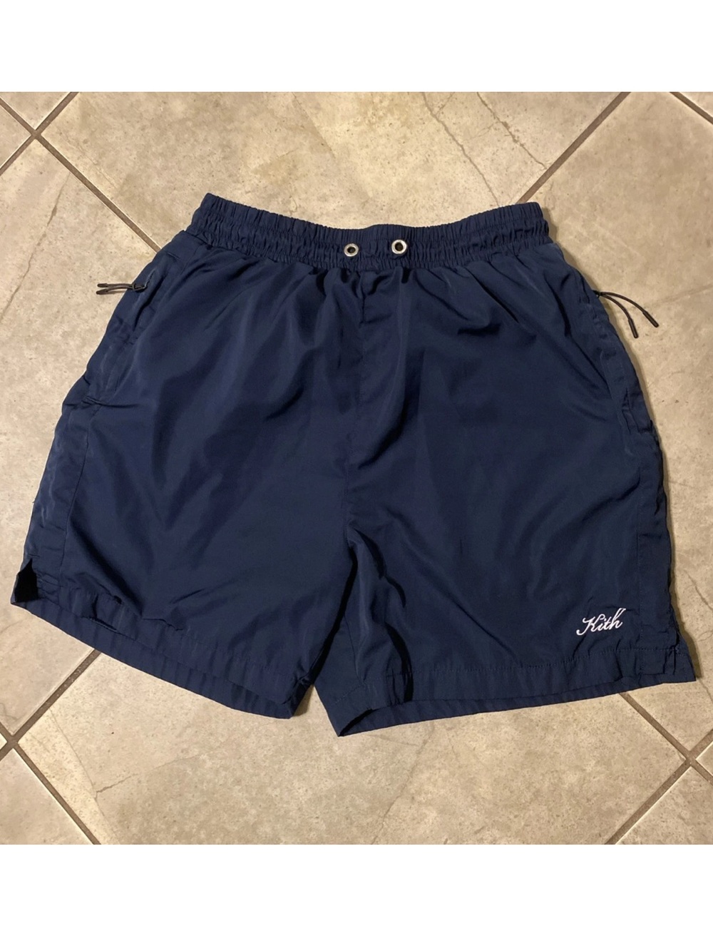 Kith Navy Nylon Swim Trunks Shorts Mesh Lined Men’s Size S Missing Drawstring